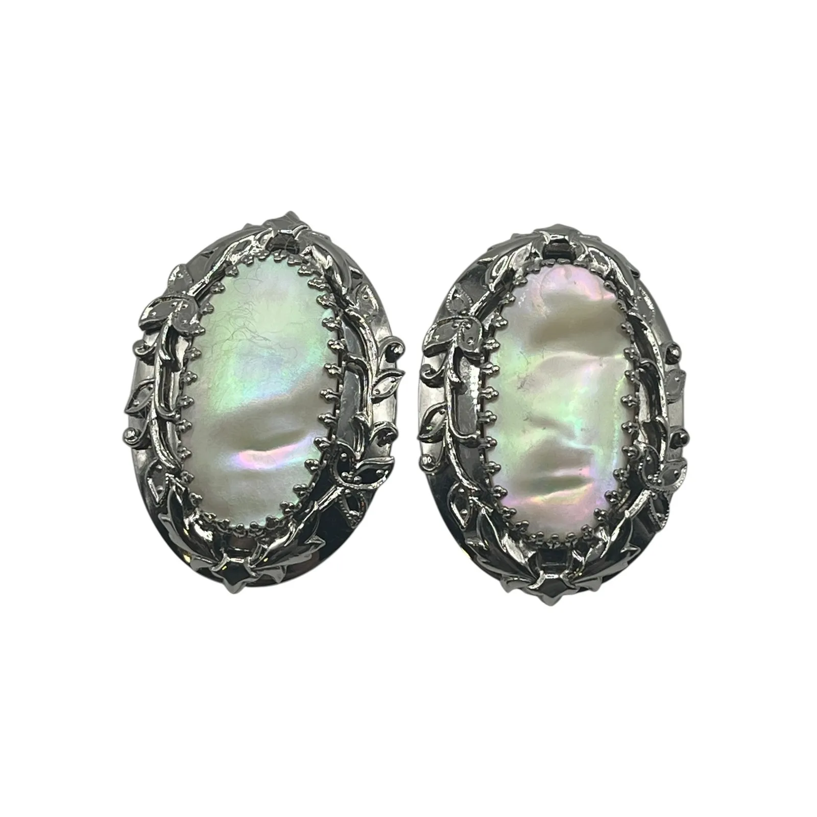 Whiting & Davis Co. VTG Clip On Earrings Faux Mother of Pearl Oval‎ Vine Frame - Image 2