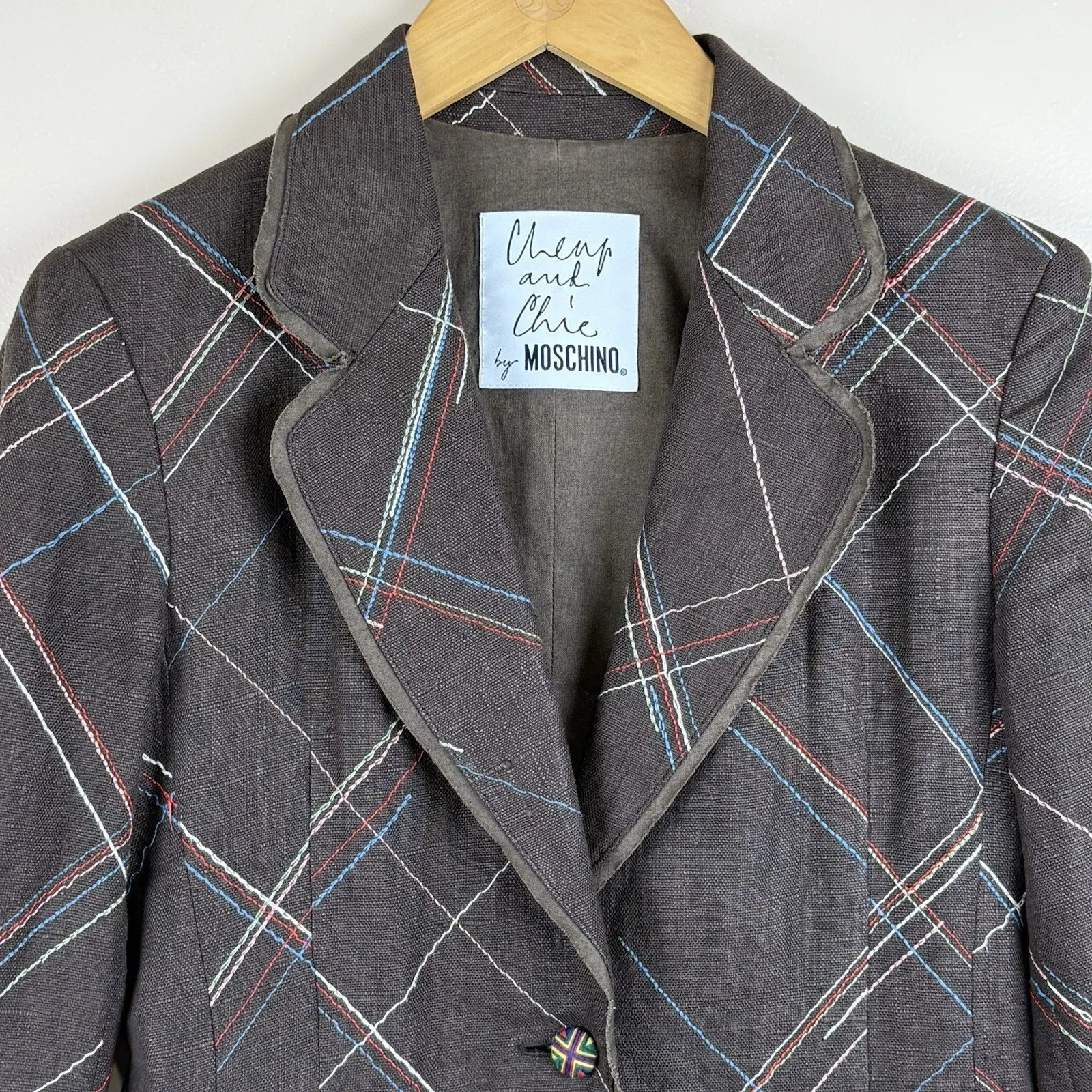 Moschino Cheap and Chic Women’s Blazer Size 6 Linen Stitched Plaid Vintage Boho Brown - Image 3