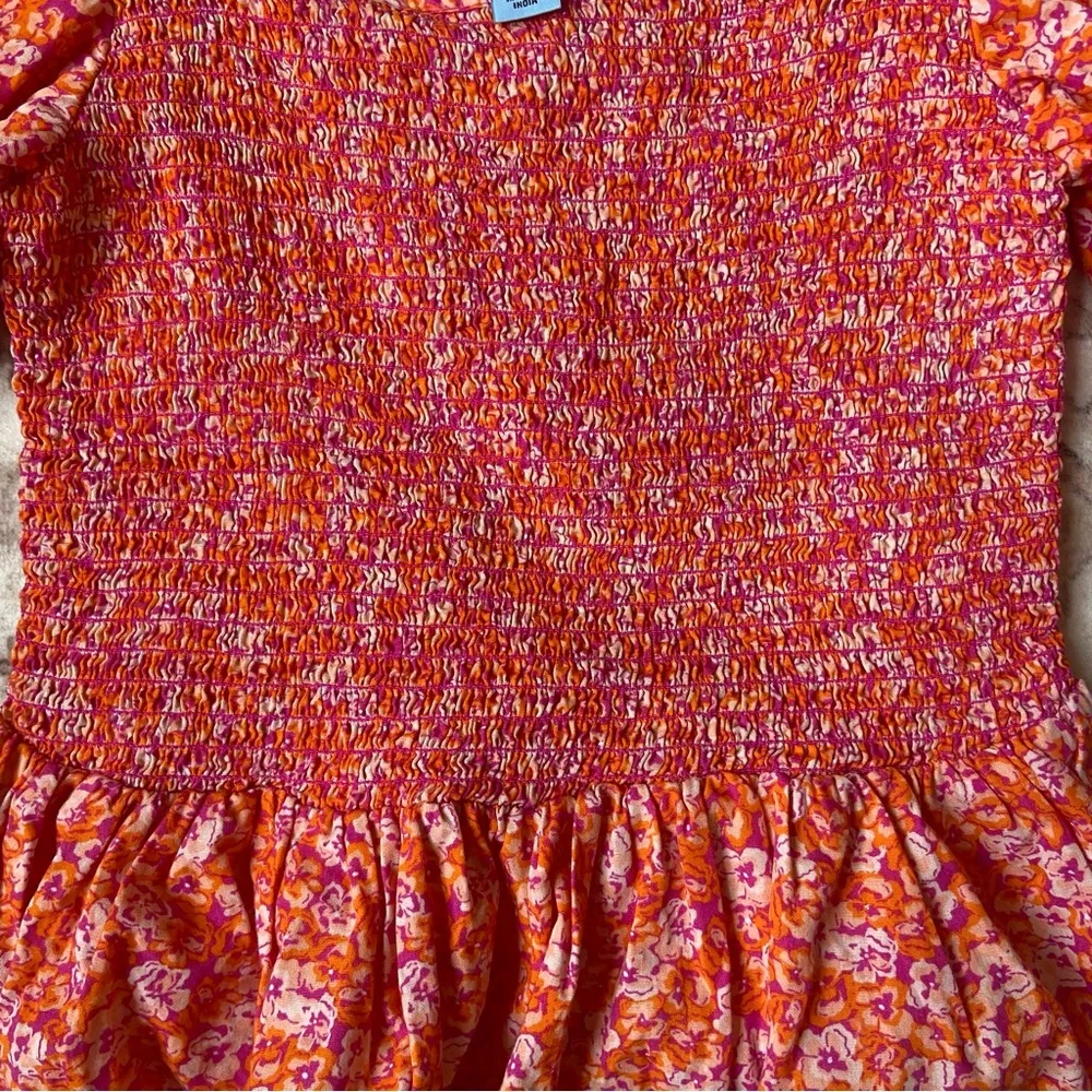 Cece Vibrant Orange Pink Floral Blouse Smocked Peplum Puff Sleeve Small - Image 3