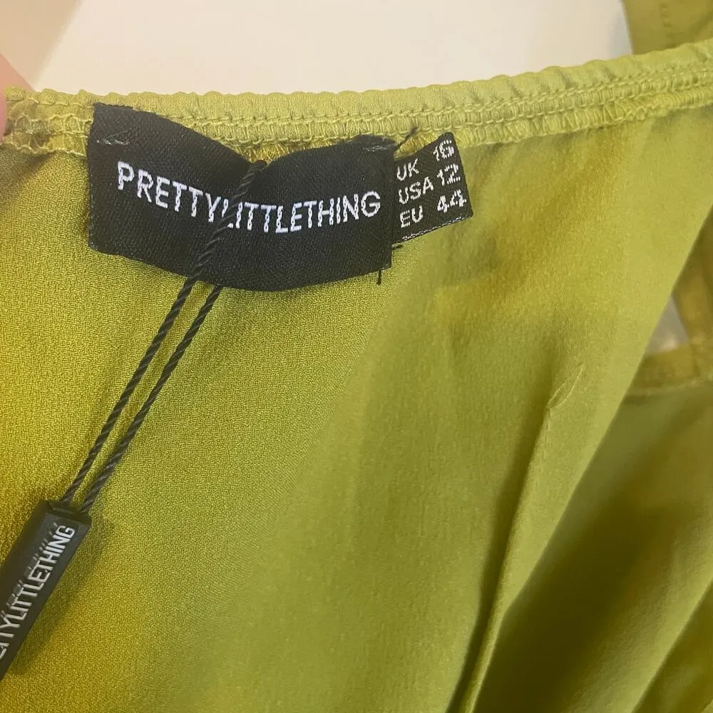 NWT PrettyLittleThing Olive Satin Bardot Tassel Hem Draped Midi Dress Sz 12 - Image 8