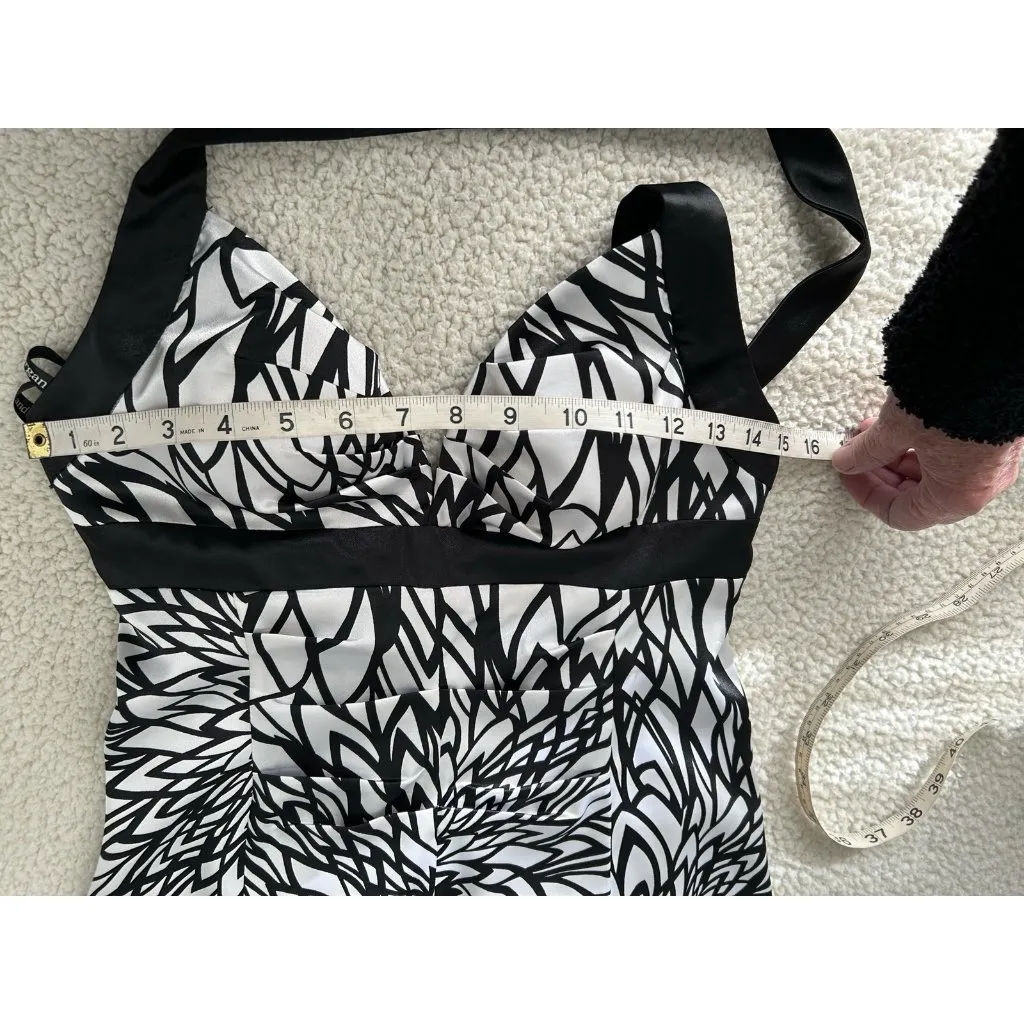 Morgan & Co Black White Halter Mermaid Gown Criss Cross Back Special Occassion S - Image 10