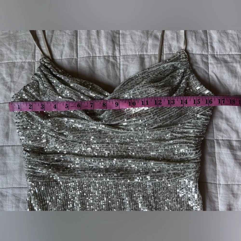 Eliza J Champagne Cowl Neck Sequin Gown Spaghetti Straps Leg Slit Formal - 8 - Image 5