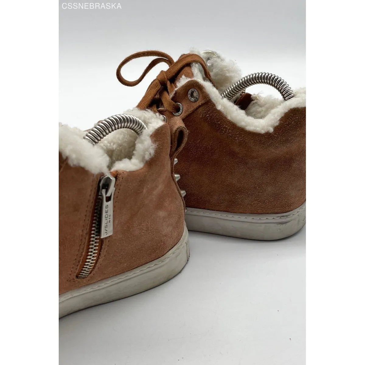 J/SLIDES Brown Leslie Shearling Trim Suede Leather Mid Top Sneakers - Image 9