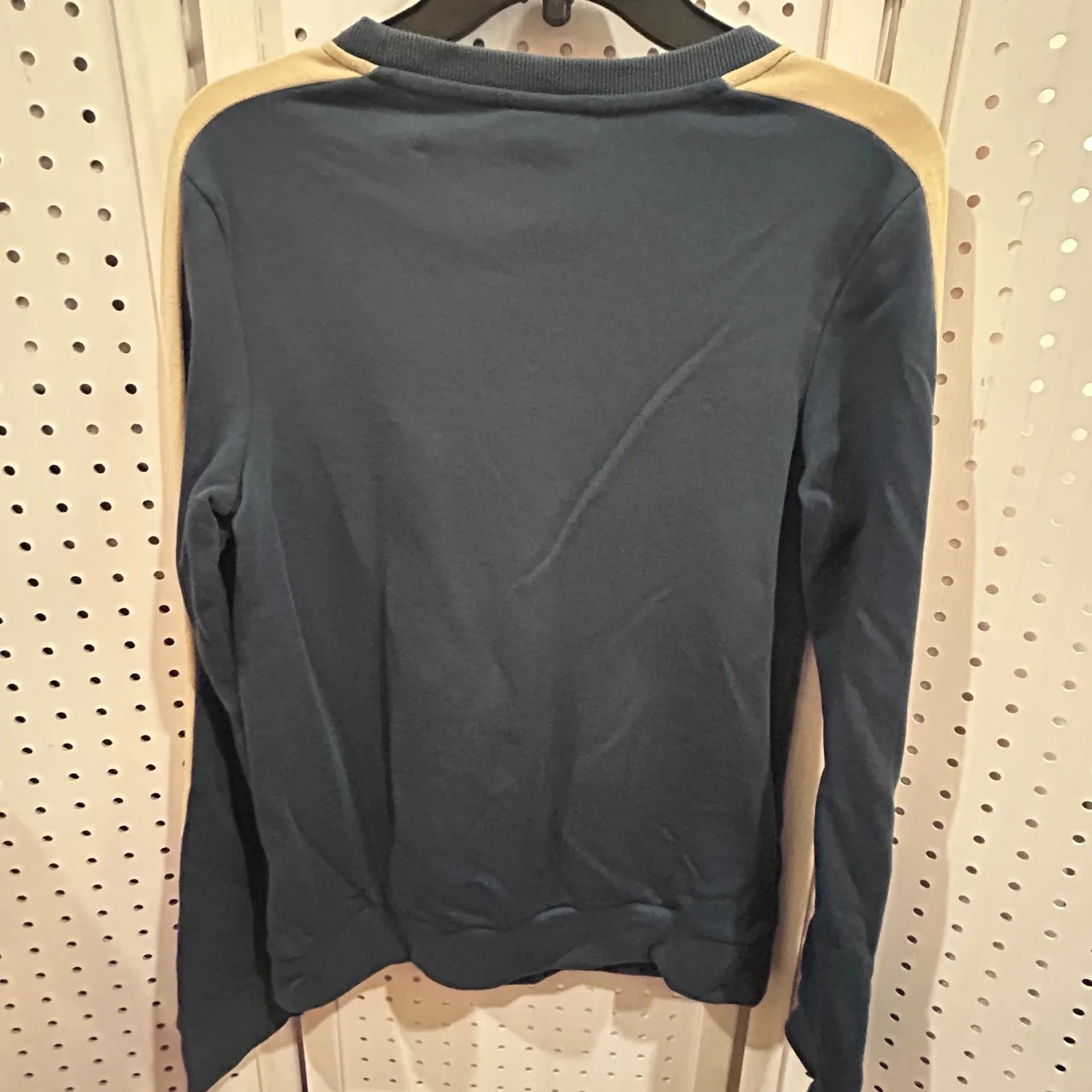 Adidas Crewneck Sweatshirt Navy Blue Tan Sleeves 3 Stripe Detail Size XS - Image 6