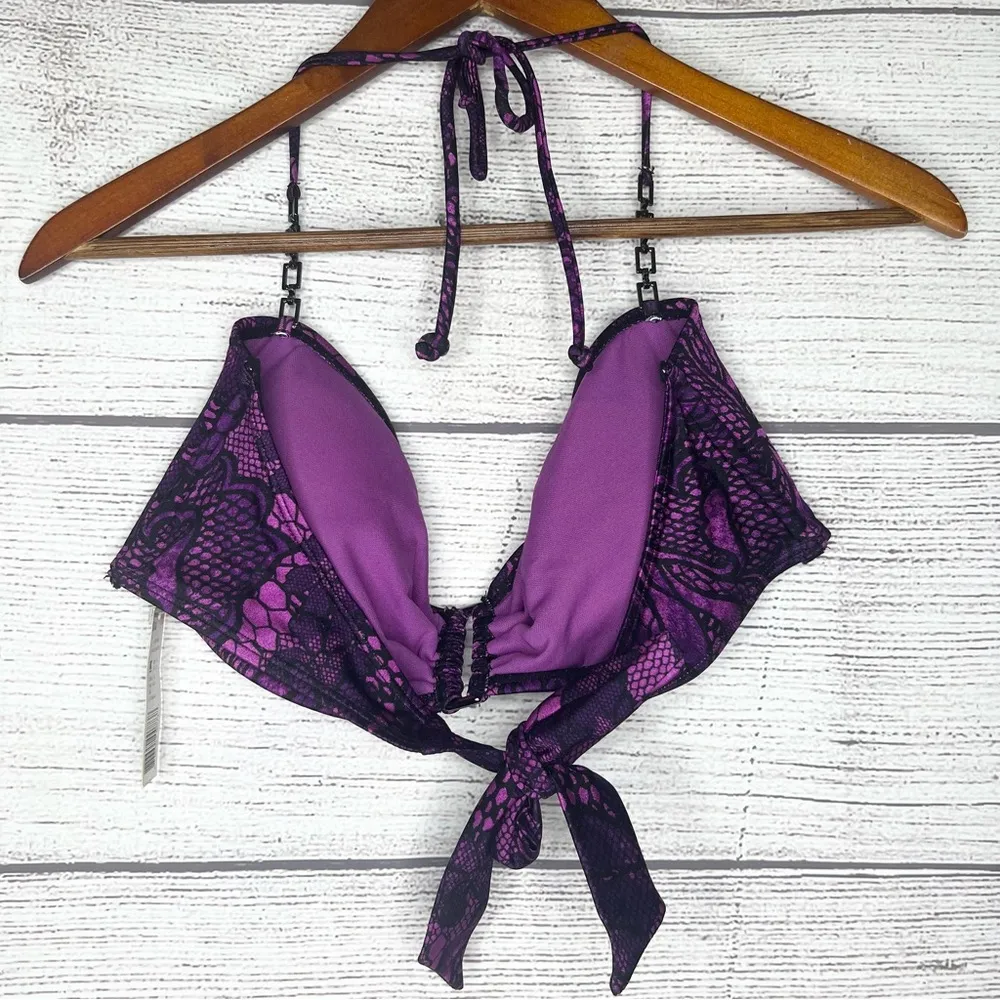 NWT Attention Purple & Black Floral Lace Print Chain Halter Bikini Top Size XL - Image 7