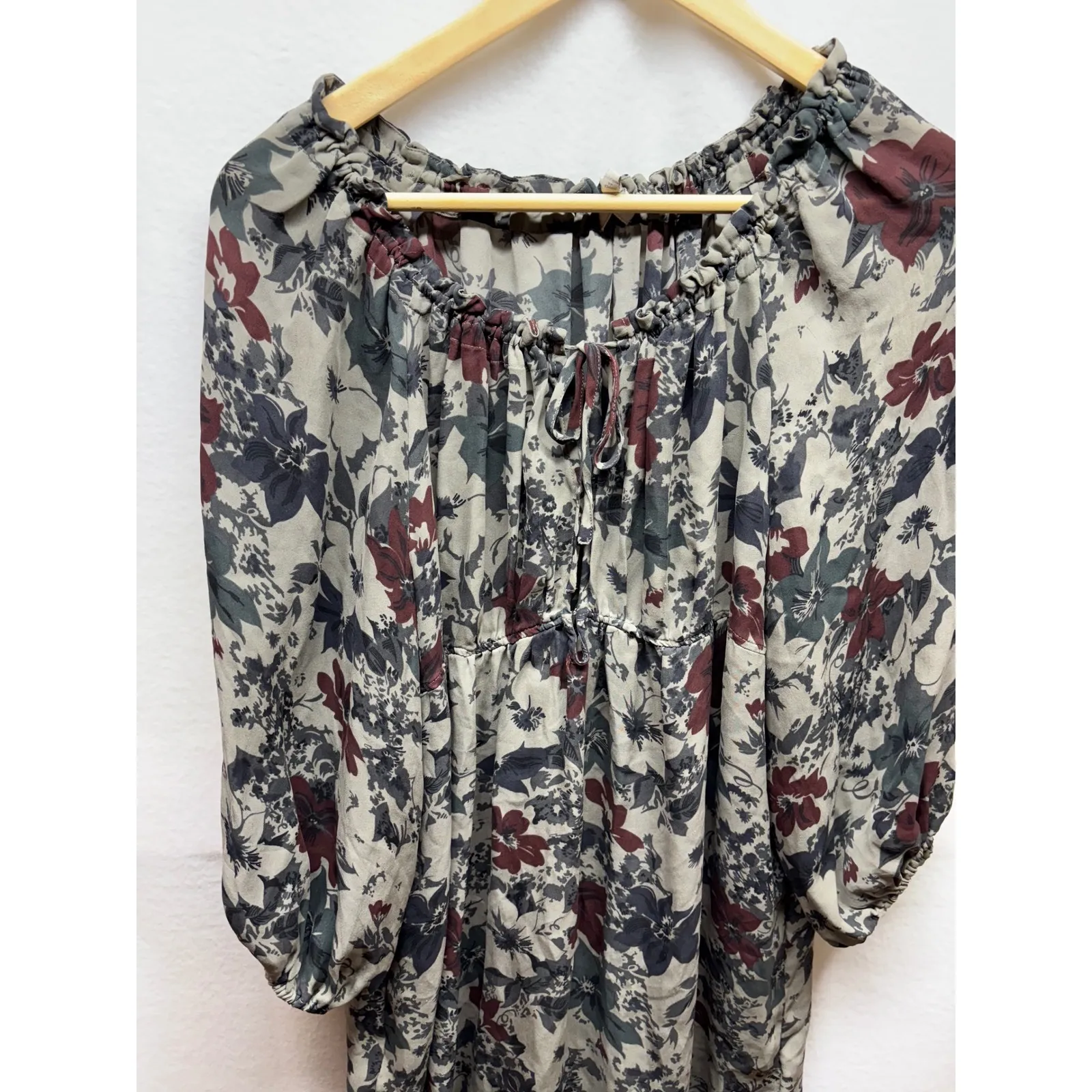 Joie Floral Print Silk Blend Dress Long Sleeve Bohemian Mini‎ Beige Gray Medium - Image 4