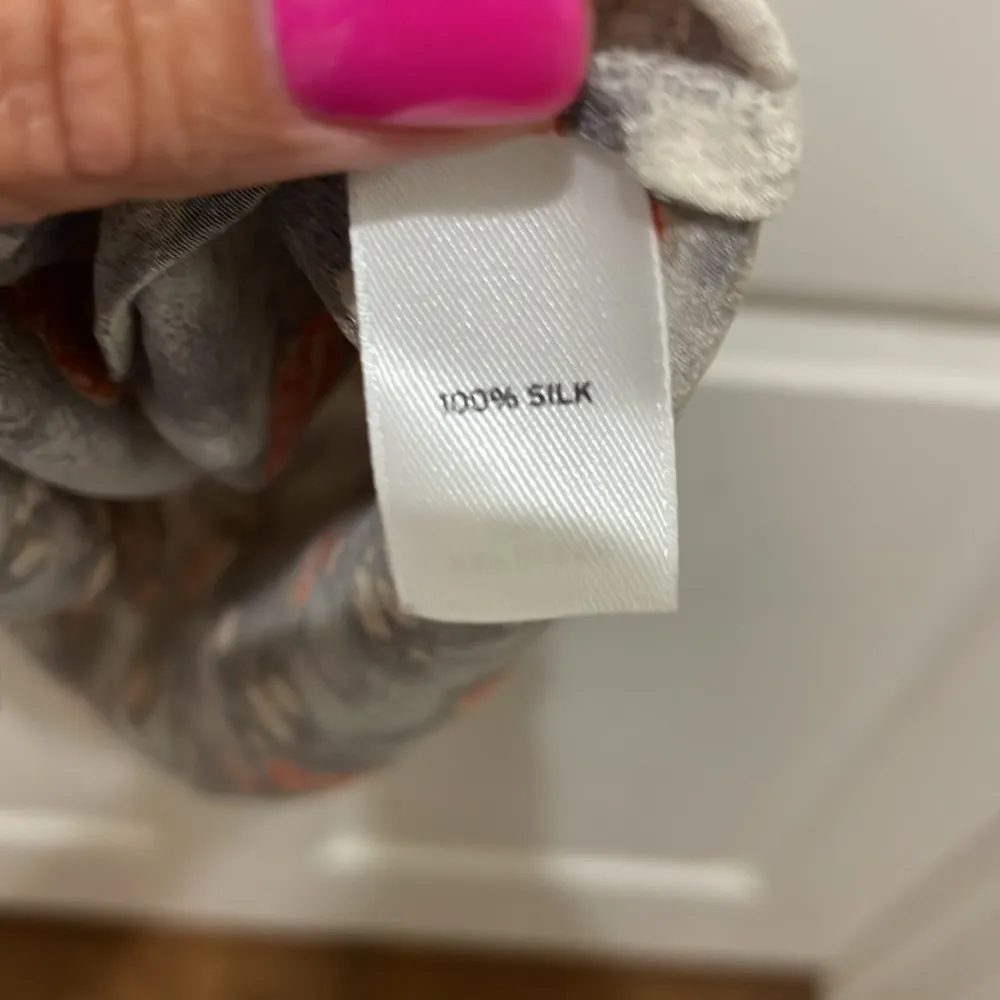 Hinge Gray Floral with Orange Flowers Spaghetti Strap Gathered Waist Silk Dress - Image 8