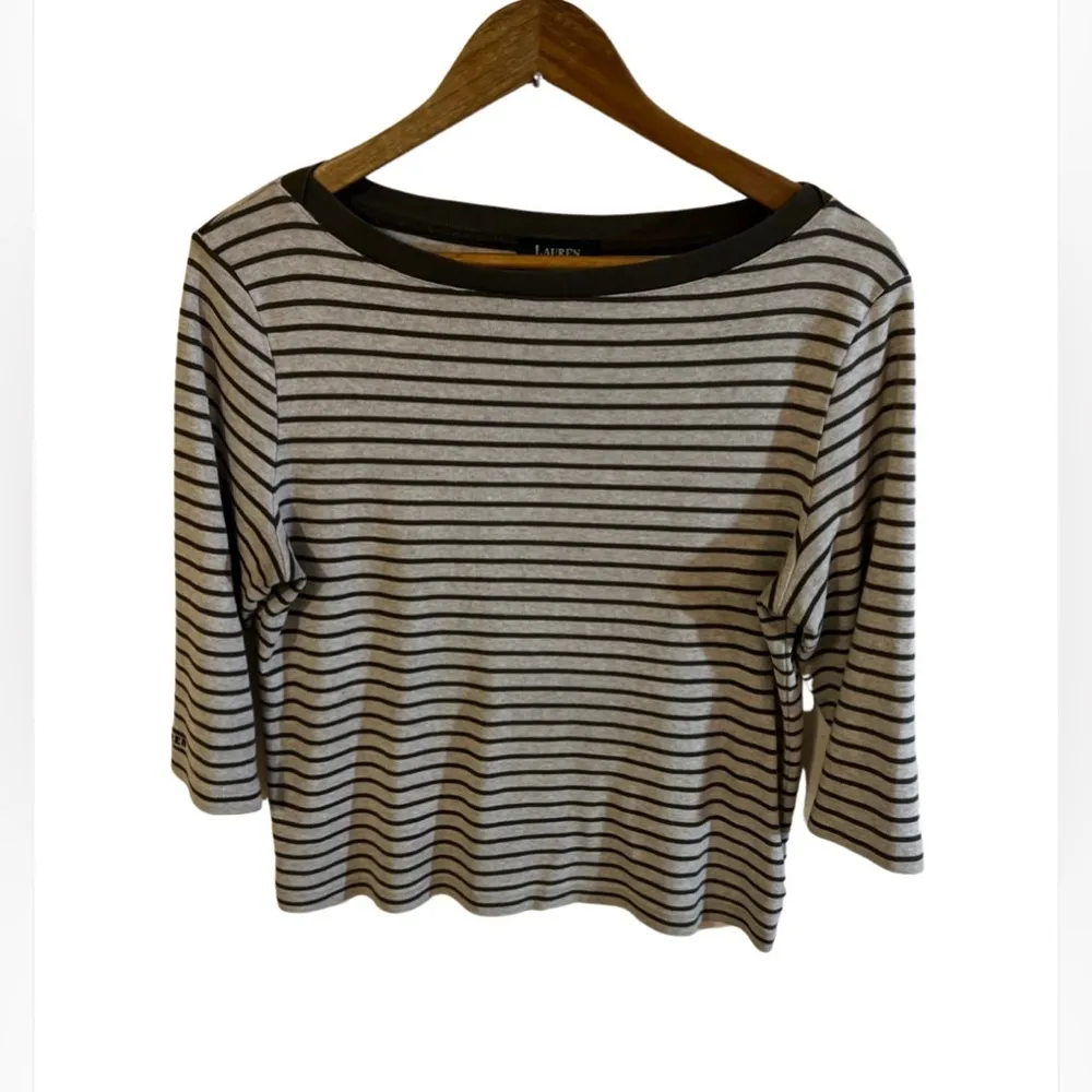 LAUREN RALPH LAUREN SWEATER TOP 3/4 SLEEVE‎ BEIGE WITH STRIPES OLIVE GREEN L - Image 2