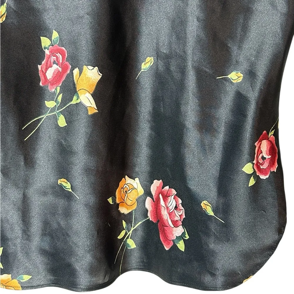 Satin Cami Top Rose Floral Printed Y2K WhimsiGoth Fairy Pin Up Size Small Black - Image 3