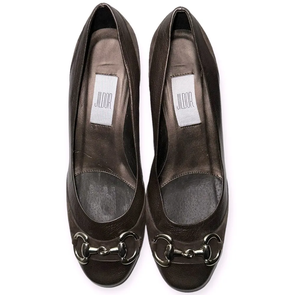 Jildor Women's Size 9 Brown Bronze Leather Suede Gold Horsebit Block Heels - Image 4