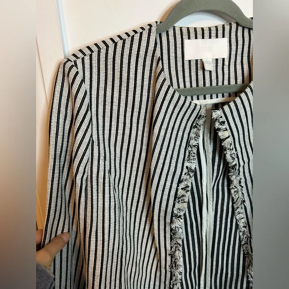Hugo Boss Striped Black and White Tweed Open Front Jacket - Image 7