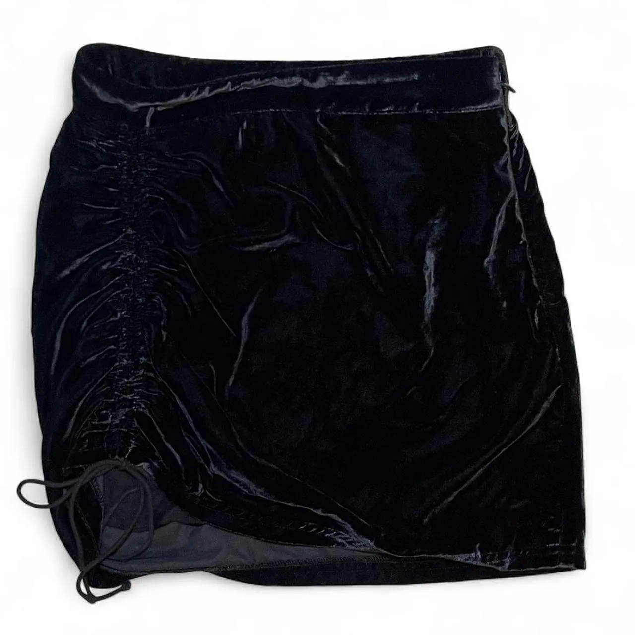  NWT! Free People Black Velvet Mini Skirt Ruched Drawstring Side Size 4 - Image 8