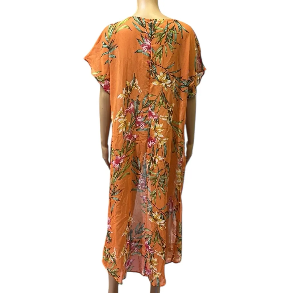 Lily White Orange Floral Print High Low Tunic Blouse Semi Sheer Womens Large - Image 8