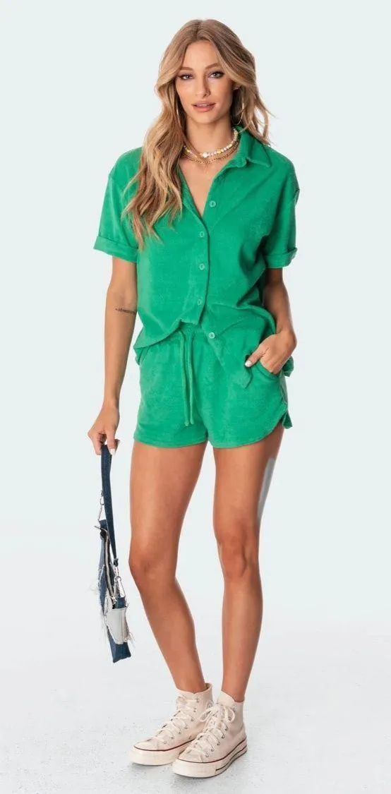 2 Piece Small Green Terry Set, Short Sleeve Button Down Shirt & Shorts - Image 2