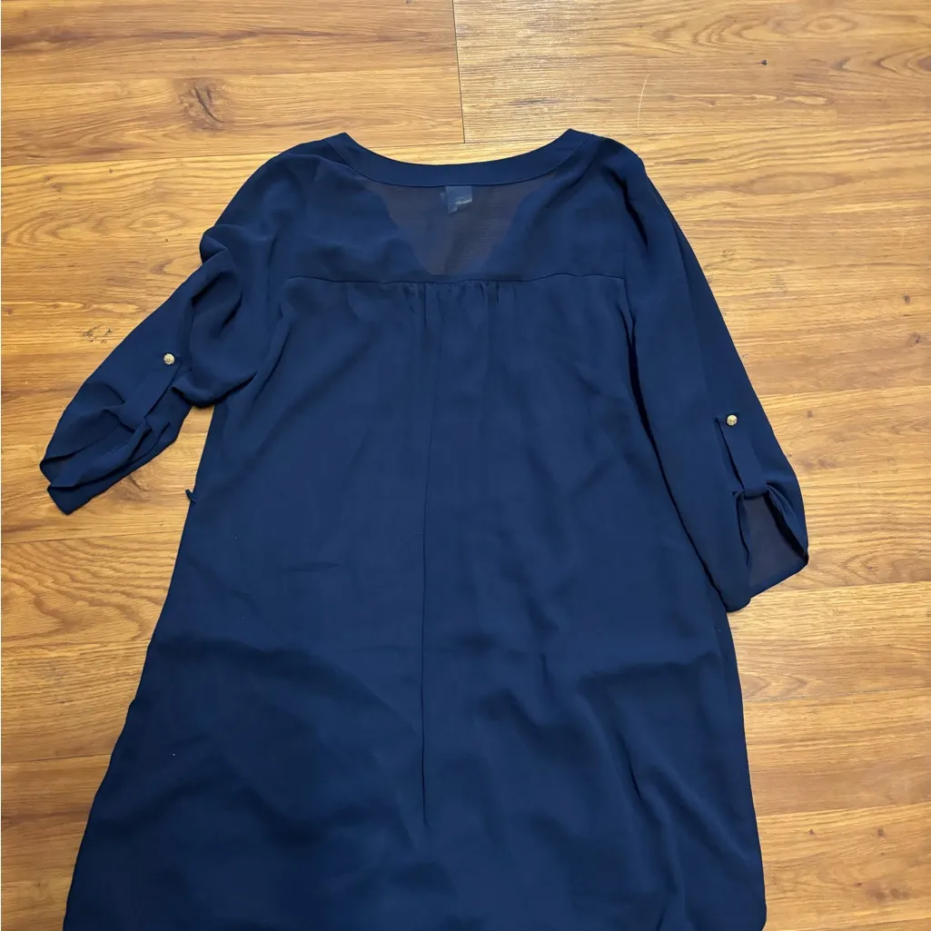 Pink Owl Navy Blue V-Neck Blouse Women Size M 3/4 Roll Tab Sleeves Casual - Image 4