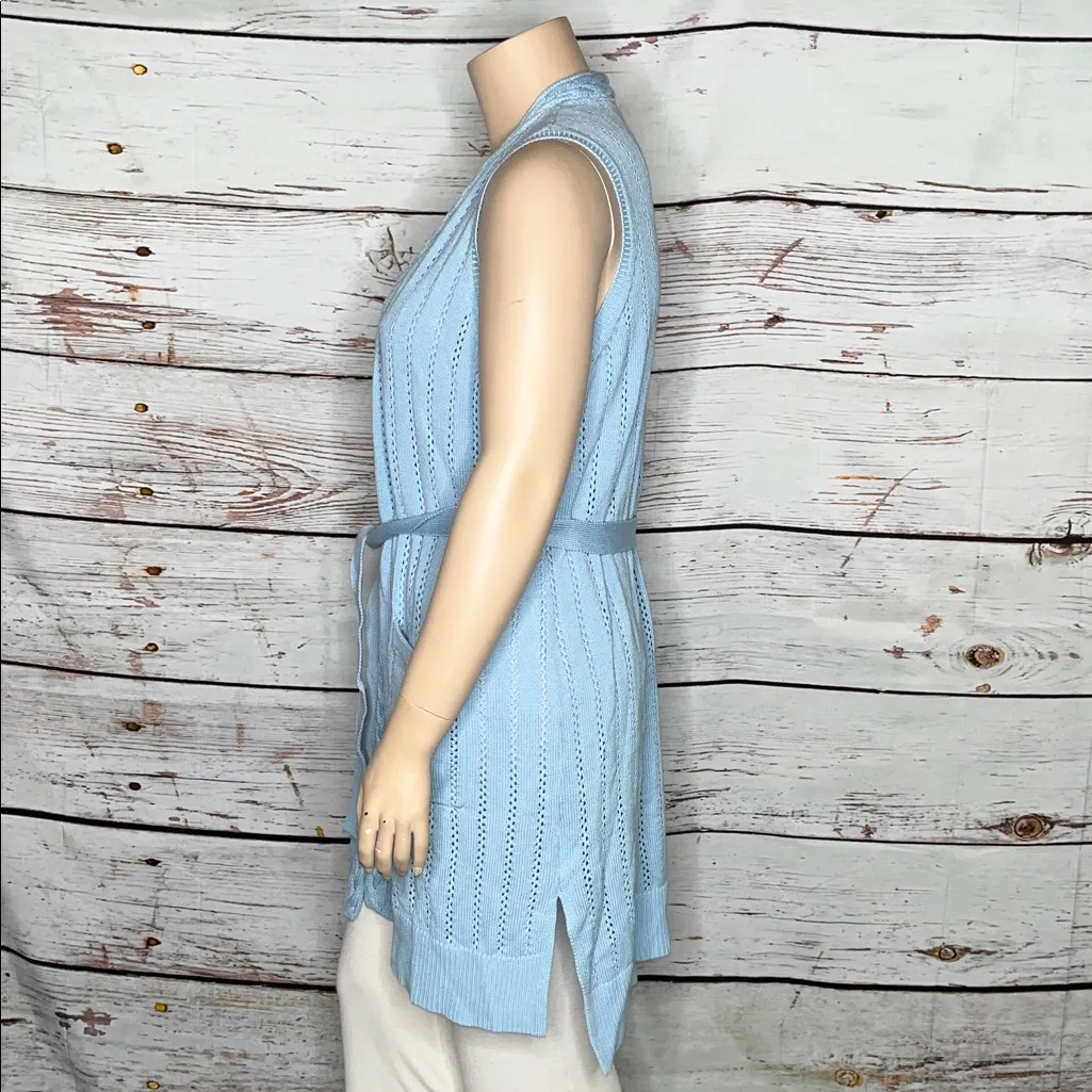 Isaac Mizrahi Live! NWT 1X Blue Pointelle Sweater Vest Duster Cardigan w/ Belt - Image 3