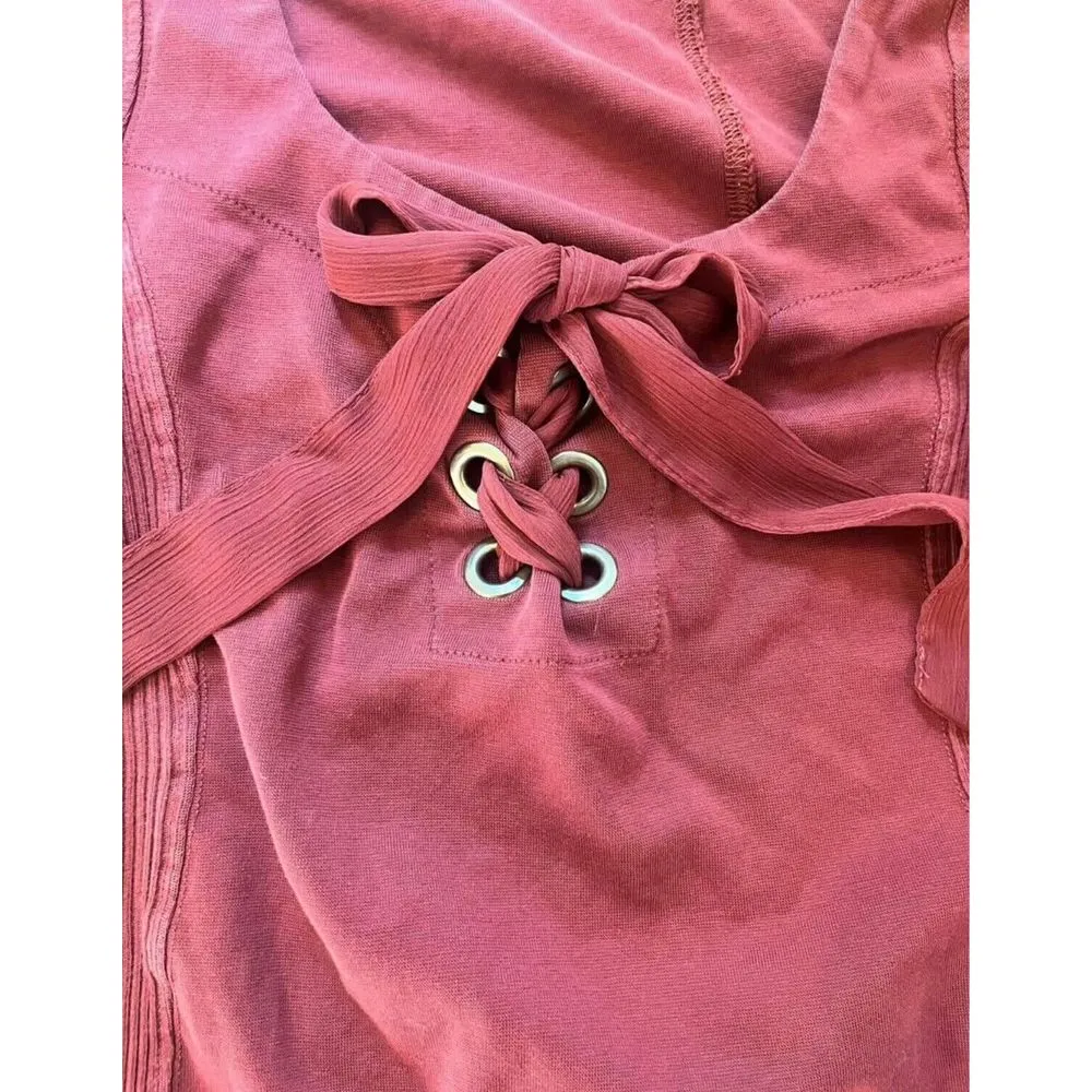 Free People Looking Back Lace Up Henley Top Size Medium Rust Red - Image 3