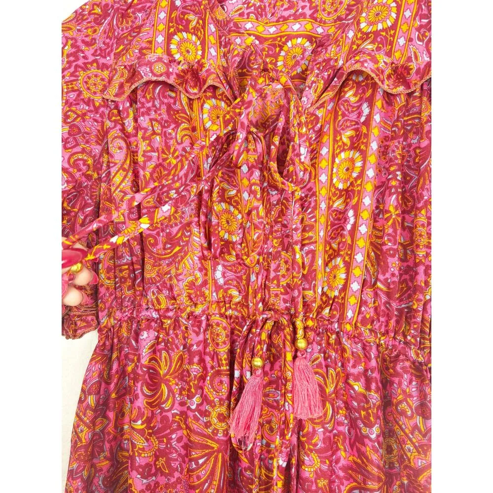 Vintage Tiered Bohemian Red Paisley Maxi Dress Tassel Stretch Silk Blend OS Size M - Image 6