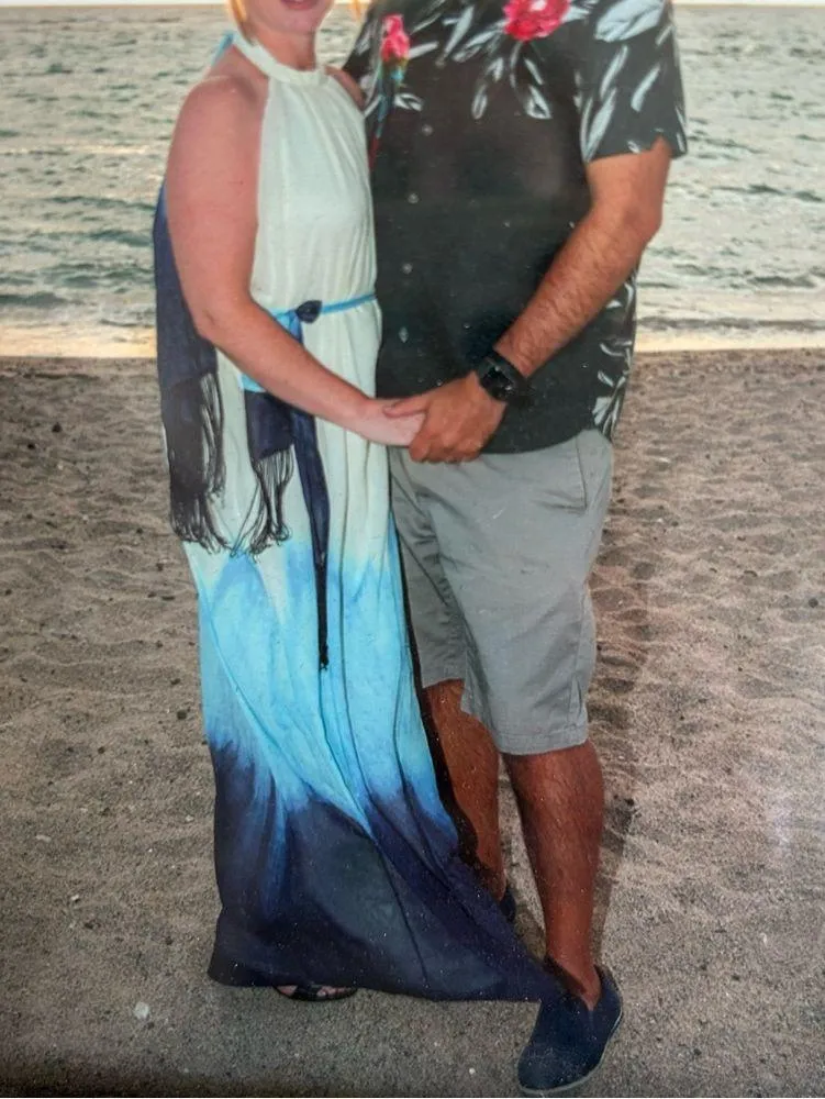 Luxxel Cream Blue Dip Dye Tie Neck Low Back Maxi Dress S - Image 10