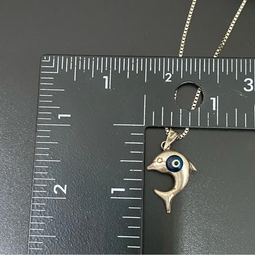 Unique Vintage 925 Sterling Silver Dolphin Blue Evil Eye Pendant 24” Necklace 7g - Image 9