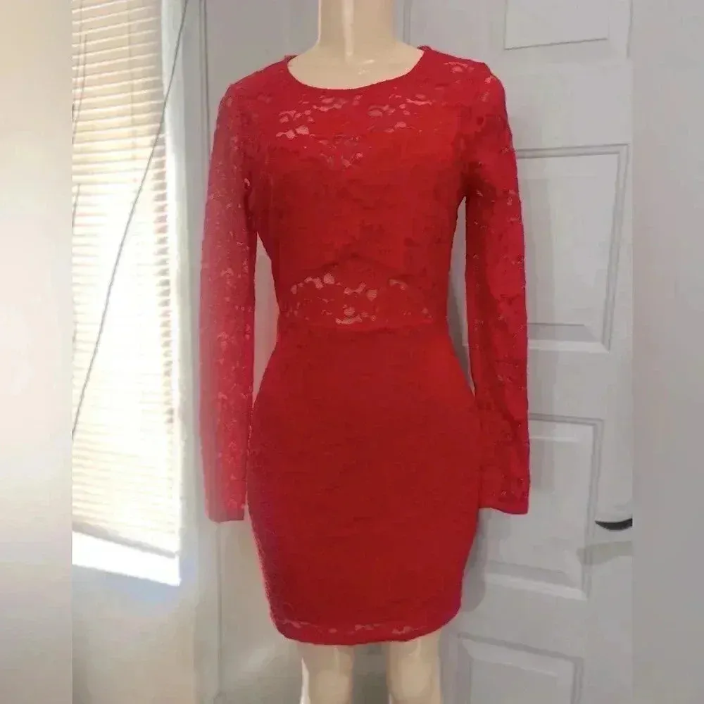 Express Red Floral Lace Bodycon Long Sleeve Mini Dress size medium - Image 2
