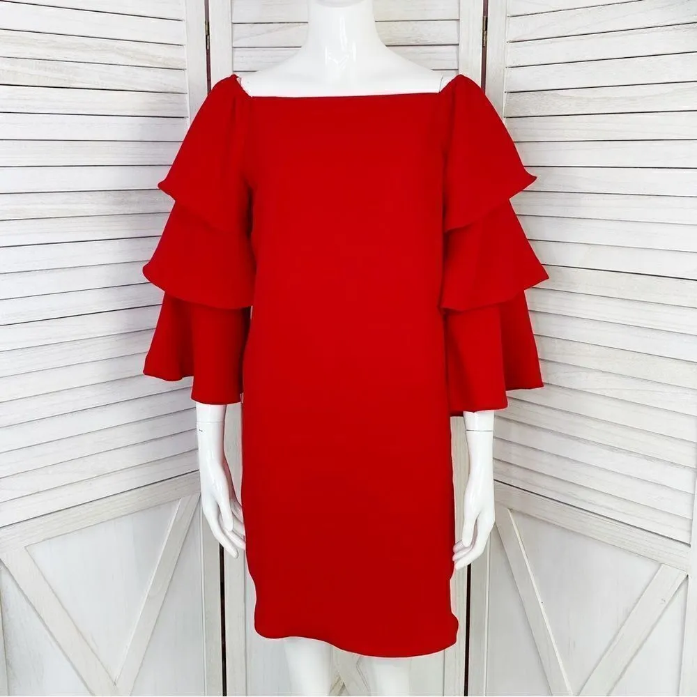 Nanette Lepore Red Riding Hood Off The Shoulder Shift Dress Red Tiered Sleeve 6 - Image 7