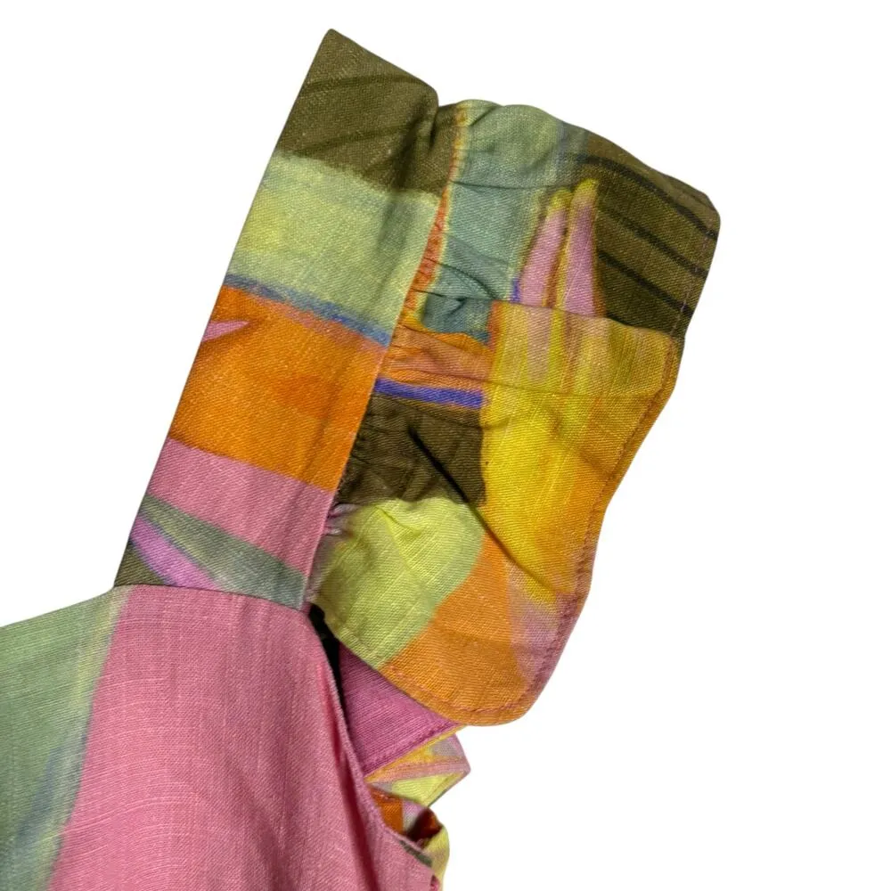 Kourt Pink Green Tropical Print Square Neck Ruffled Linen Mini Dress Size XS - Image 3