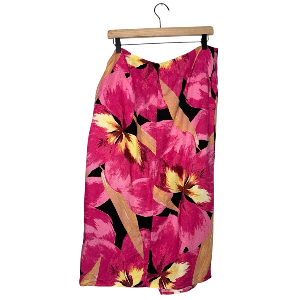 Floral Linen Wrap Skirt Pink‎ Black & Beige Tropical Hawaiian - Image 2