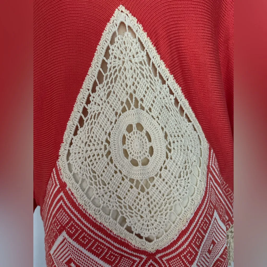 Umgee Red & Ivory Boho Open-Front Kimono with Crochet Back & Fringe (1148-1) - Image 8