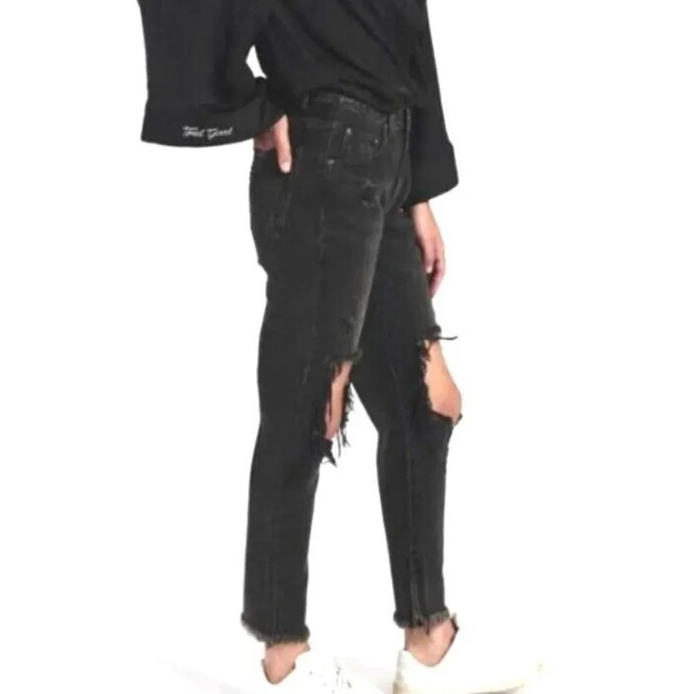 One Teaspoon Freebird High Waist Distressed Black Raw Hem Jeans Size 26 - Image 3