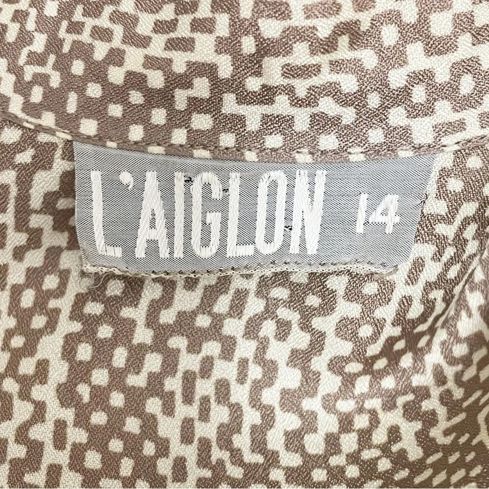 Vintage 1950s L’Aiglon Tan White Abstract Print Shirtwaist Dress Belted Size 14 - Image 12