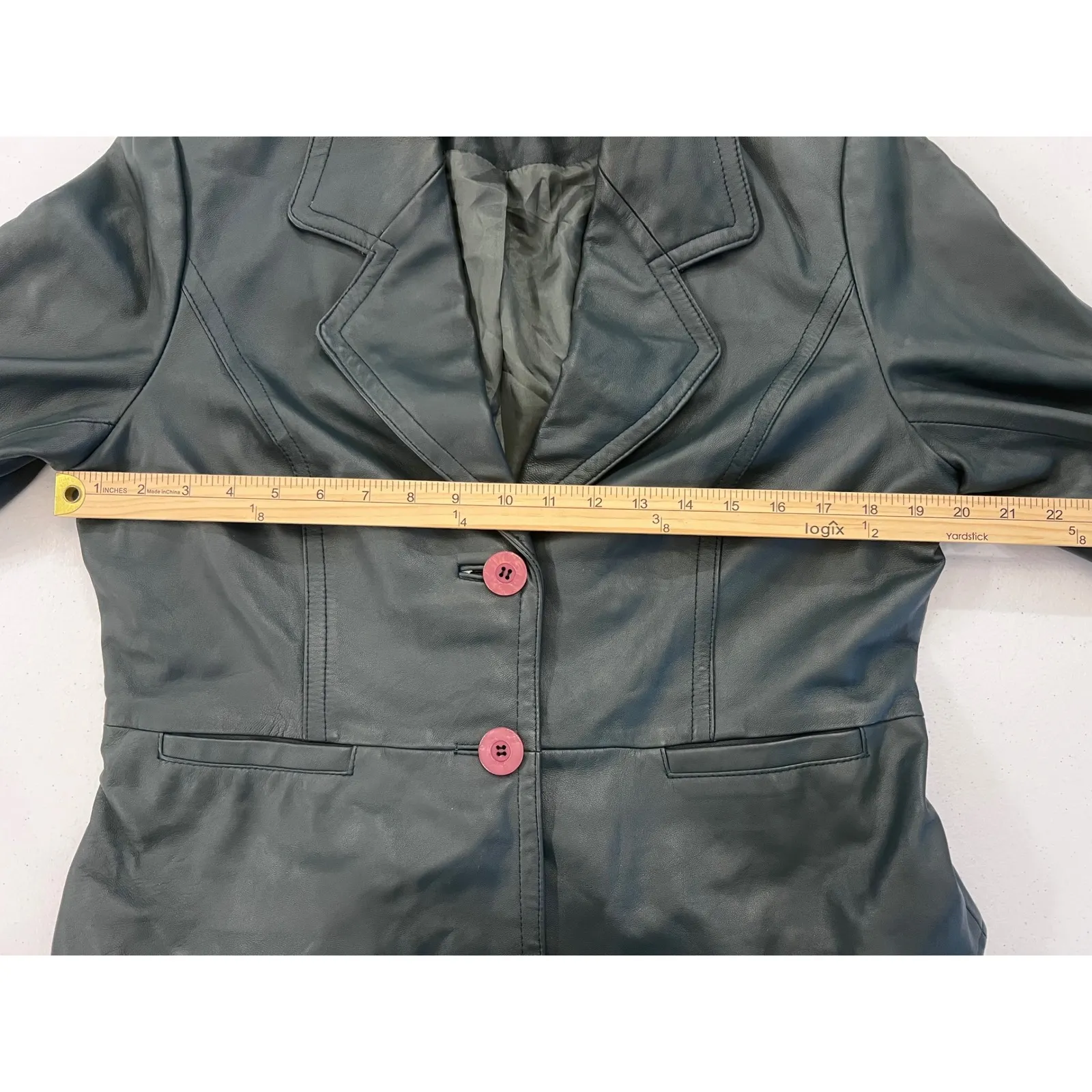 Vintage Dark Green Leather Jacket Button‎ Front Fitted Lined Cropped I.E. Y2K Pink Size L - Image 6