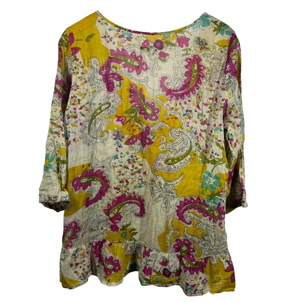 World Market Top Women L/XL Paisley Floral Semi Sheer Boho 3/4 Sleeve Ruffle Pink - Image 2