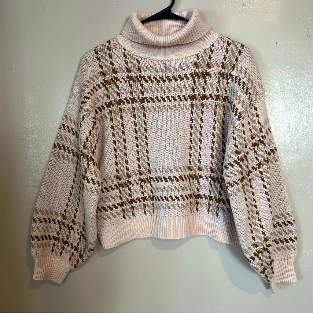 Pink Lily Nothing On You Pink & Brown Plaid Turtleneck Sweater Women’s Small - Image 5