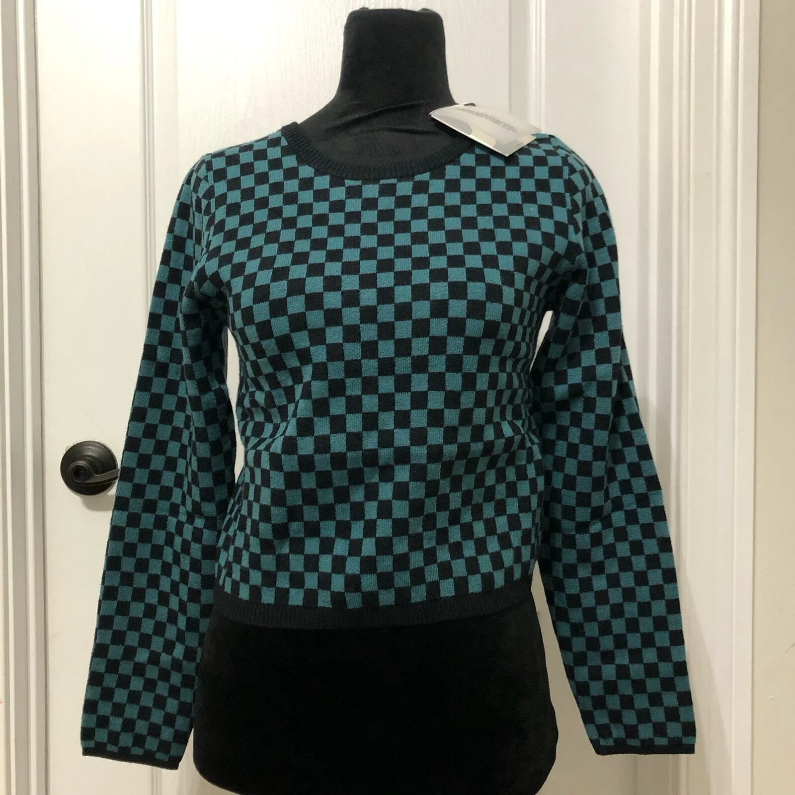 Daydreamer Women's Sweater Size Large Teal Black Checkered Long Sleeve Pullover - Image 2