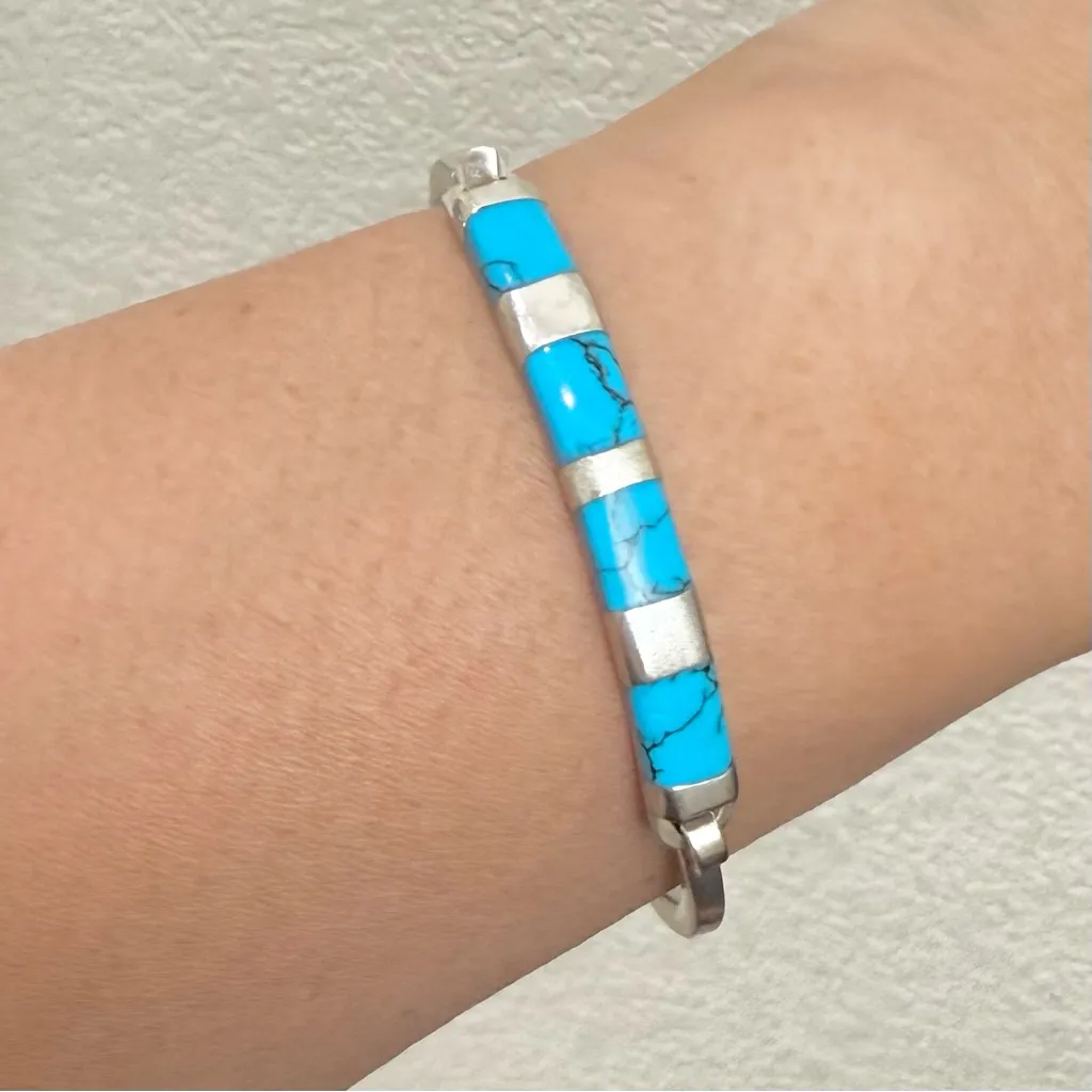 Vintage Mexican Silver Turquoise Inlay Bangle Bracelet 15g. Blue - Image 3