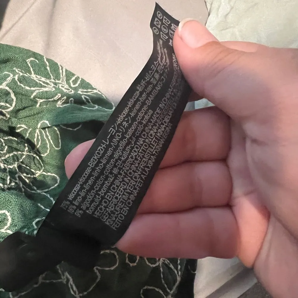 Zara Diana Floral Embroidered Tiered Mini Dress Linen Long Sleeve Green L - Image 10