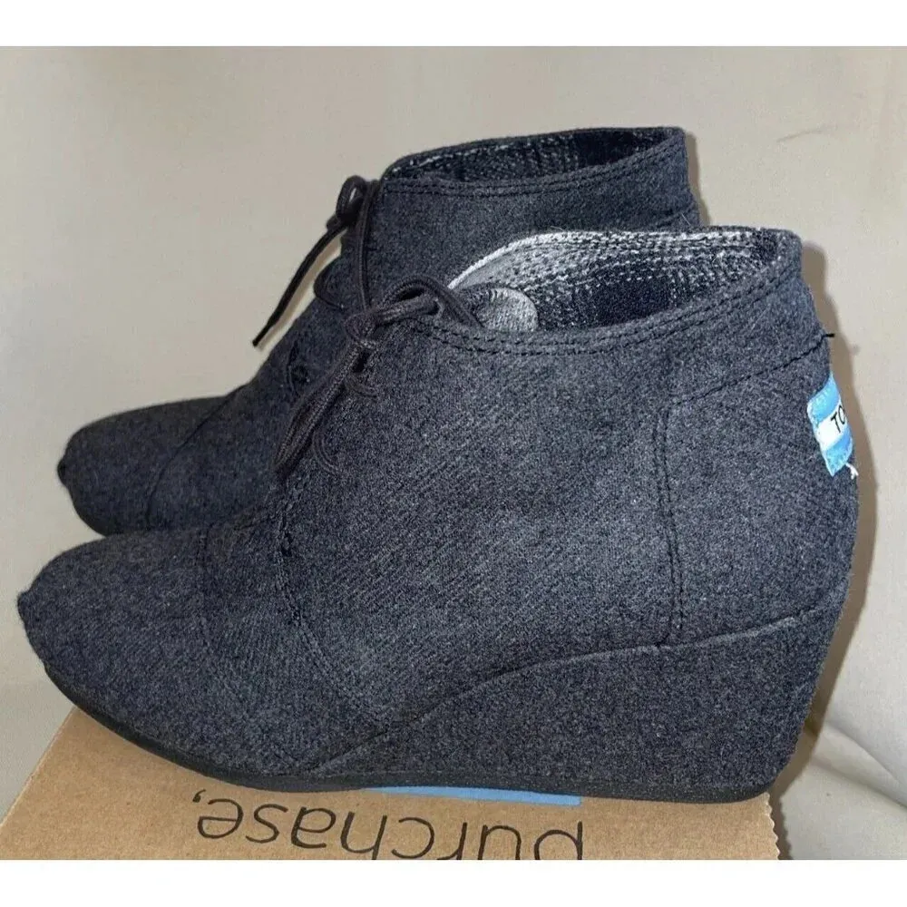 TOMS Desert Wedge Grey Wool Women's Size 8.5 Ankle Boots Lace‎ Up BOX Winter Gray - Image 5