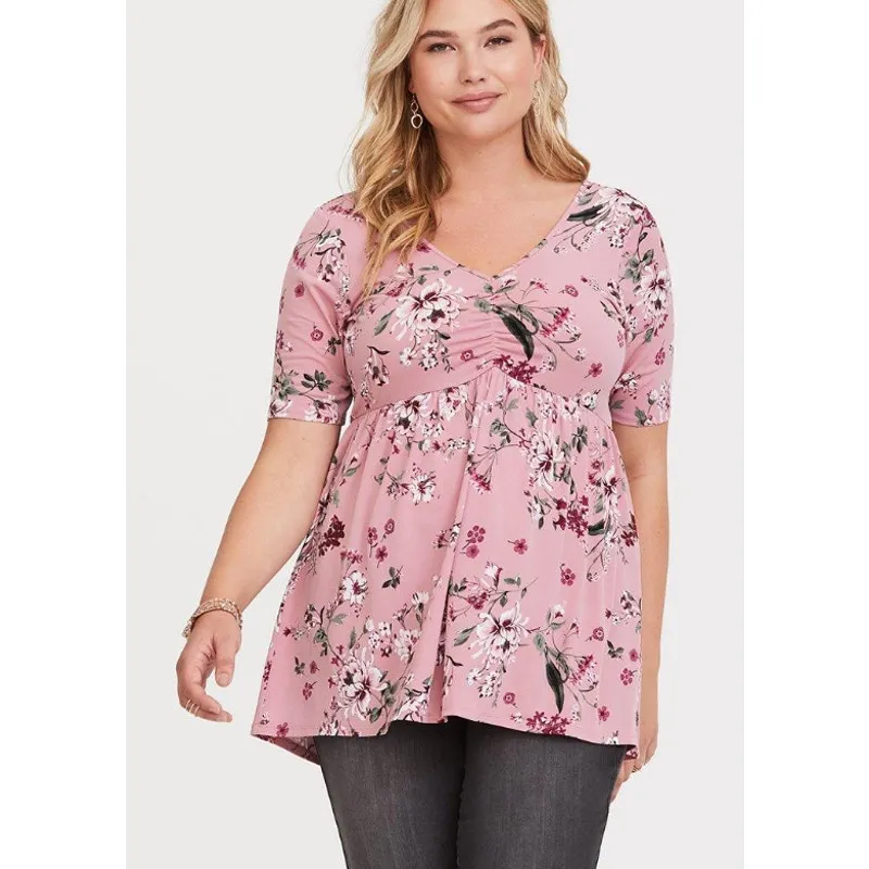 Torrid Top Women 3 3X Pink April Floral Studio Knit V-Neck Ruched Front Babydoll - Image 2