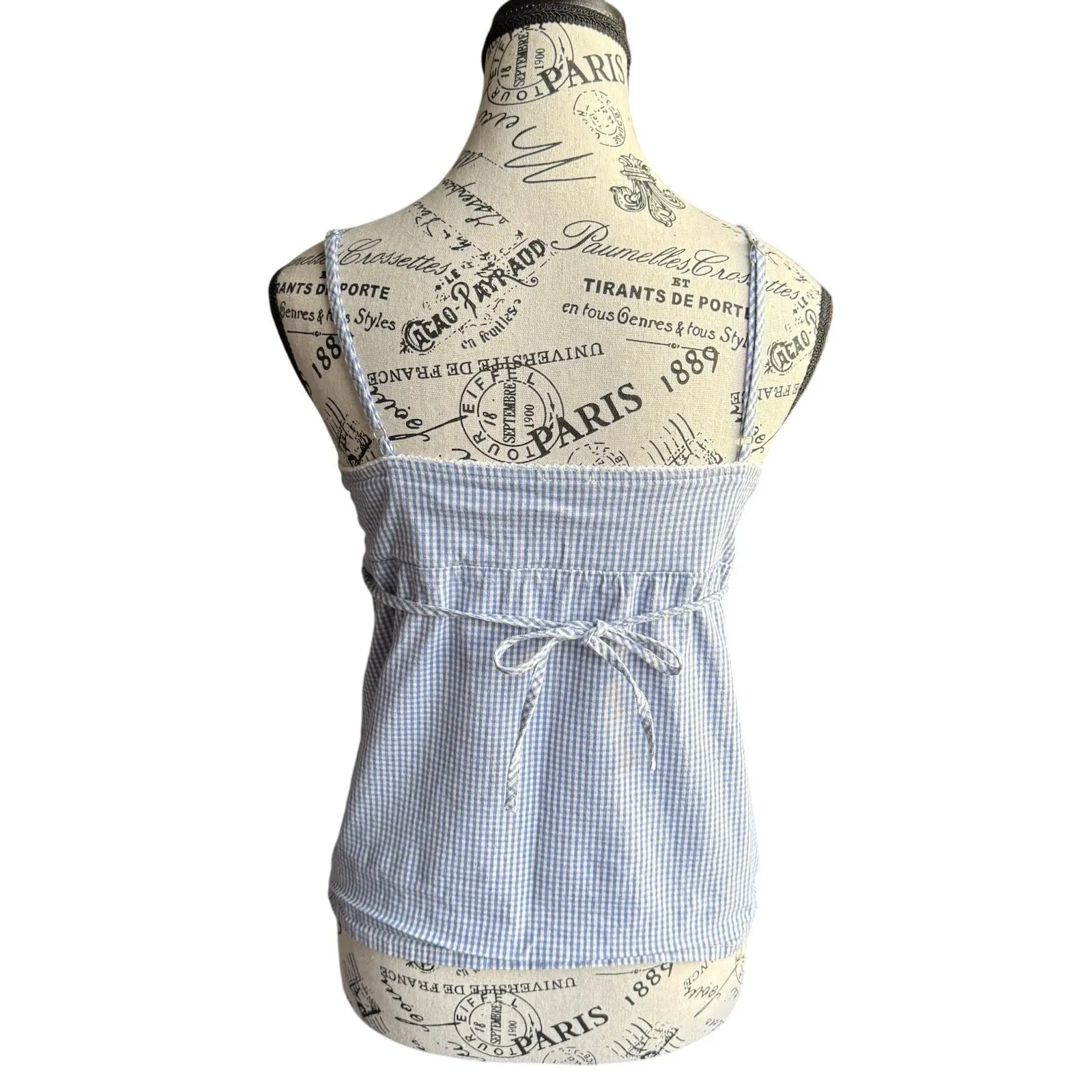 Blue White Gingham Crop Top Size S Spaghetti Strap Heart Neck Tie Back Y2K Cute - Image 2