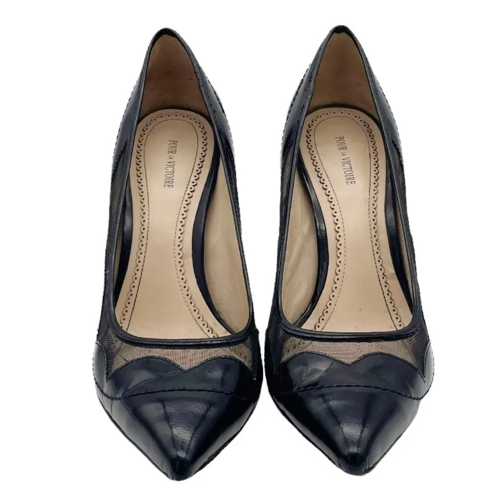 Pour La Victoire Chantel Mesh Scallop Black Leather Pointed Toe Heels Size 8 - Image 9