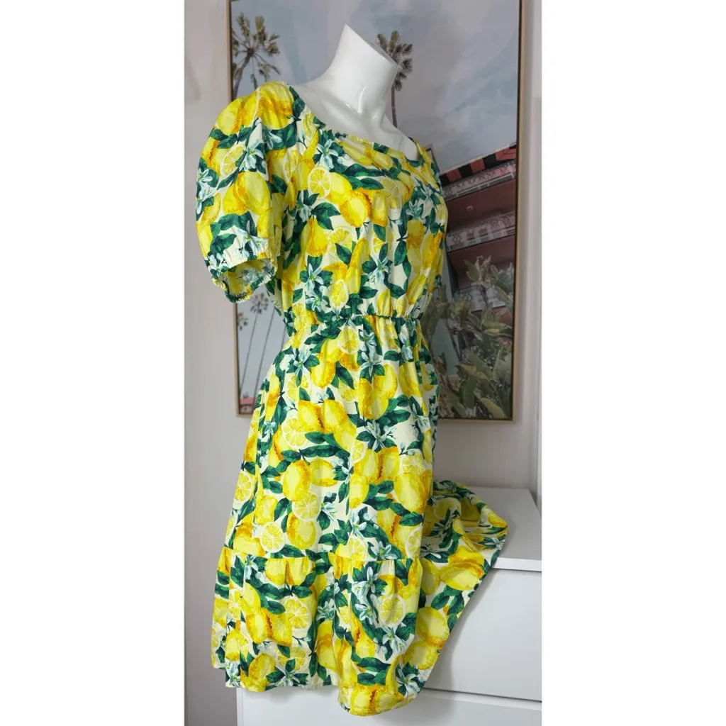 Chloe + Rene Yellow Green Lemon Print Cotton Short Dress Size Large - Image 5