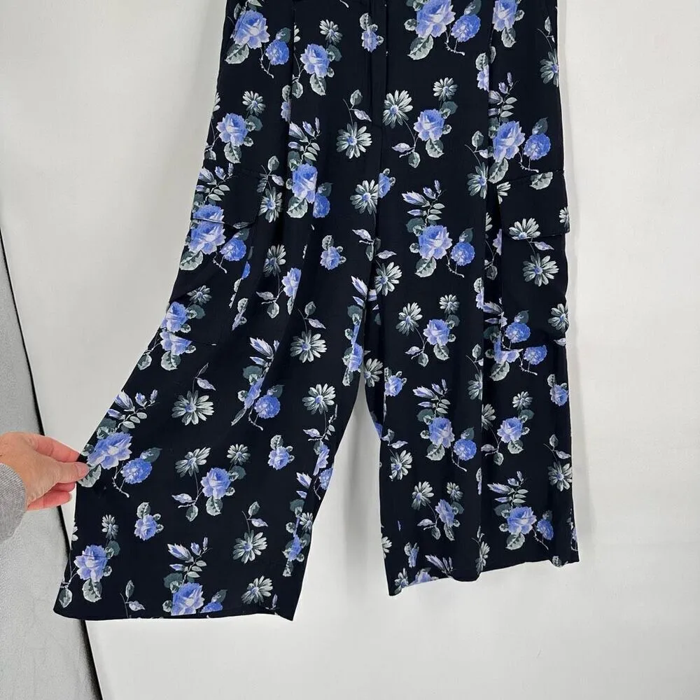 Becken Women's Floral Pleated Silk Blend Cropped Culottes Pants Navy Blue Size 6 - Image 13