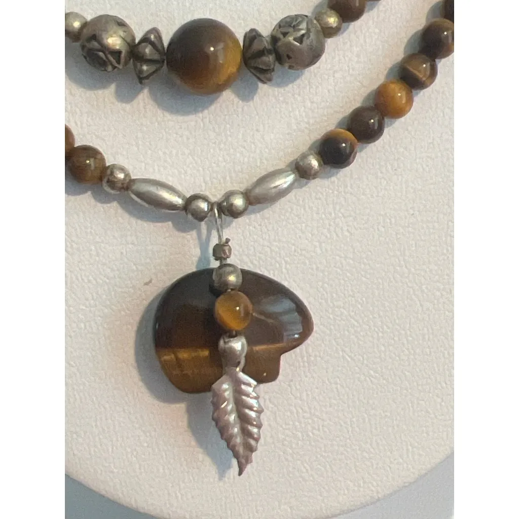 Vintage Silver Tone Tigers Eye Beads Bear Pendant Feather Native American 19" - Image 2