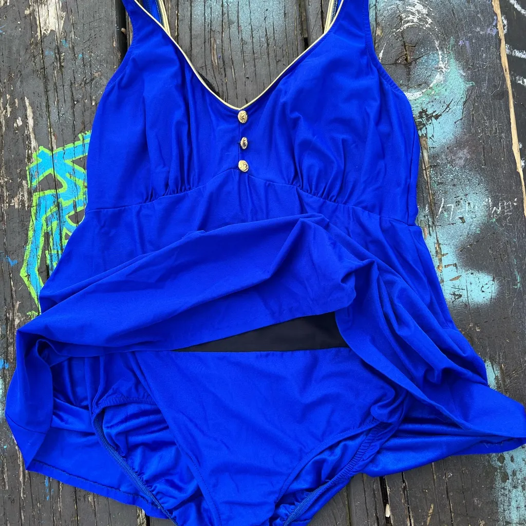 Vintage retro Robby Len one piece swim dress Vibrant Blue V neck size 24w - Image 4