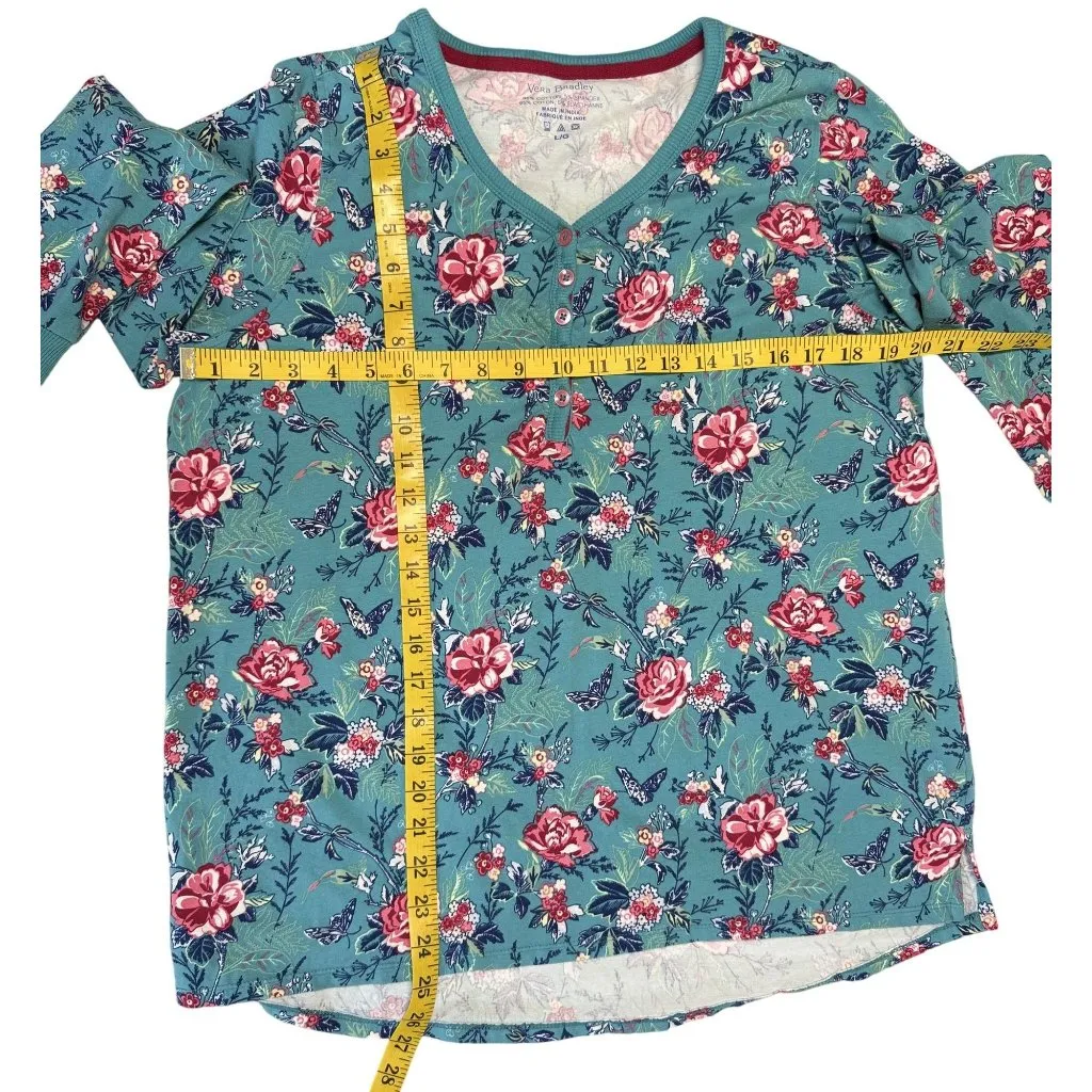 Vera Bradley Size Large Woman Top Floral Long Sleeve Button Top Teal Pink - Image 5