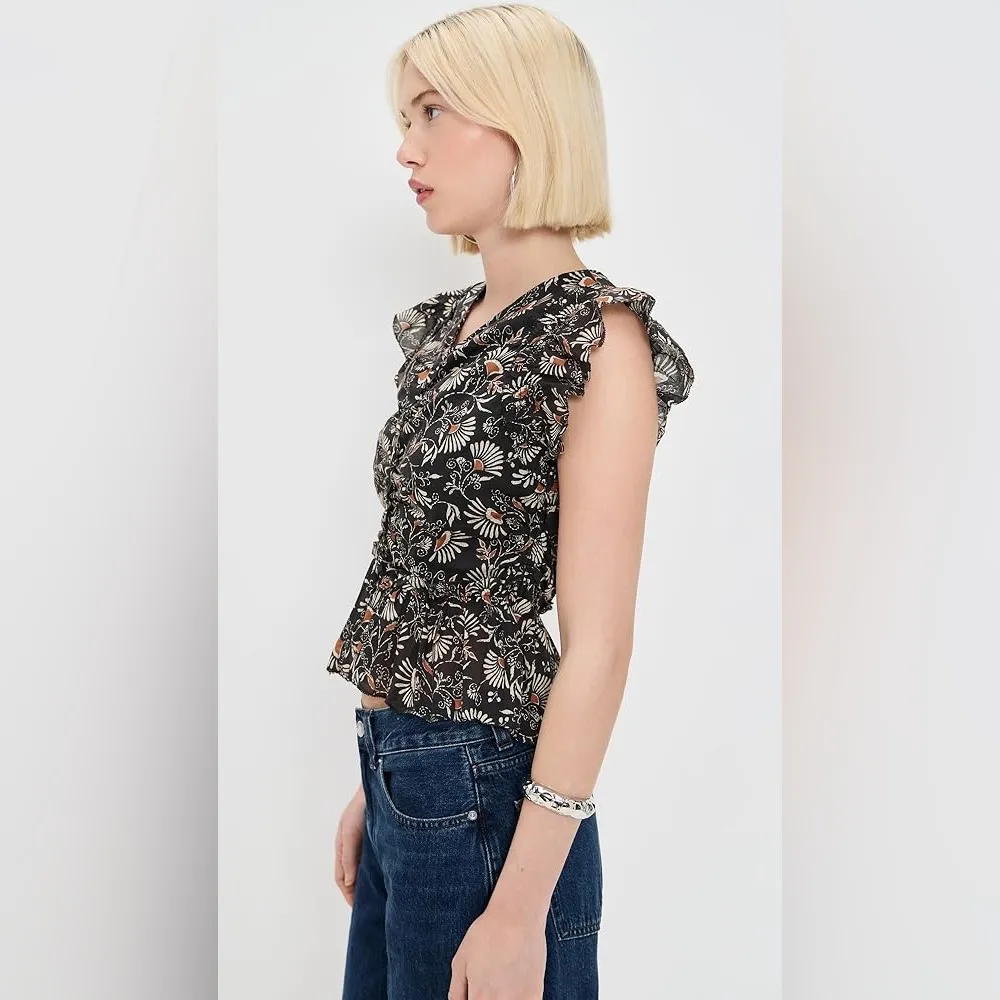 Rails Cali Cassia Floral Flutter Sleeve Peplum Top XS Black 100% Cotton - Image 4