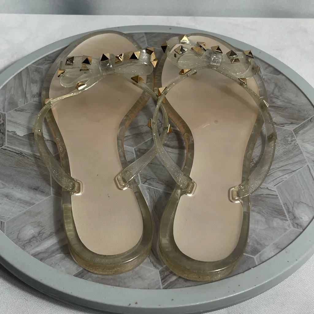 Clear Jelly Thong Sandals Gold Studs Glitter Strap Women’s Size 9 - Image 2