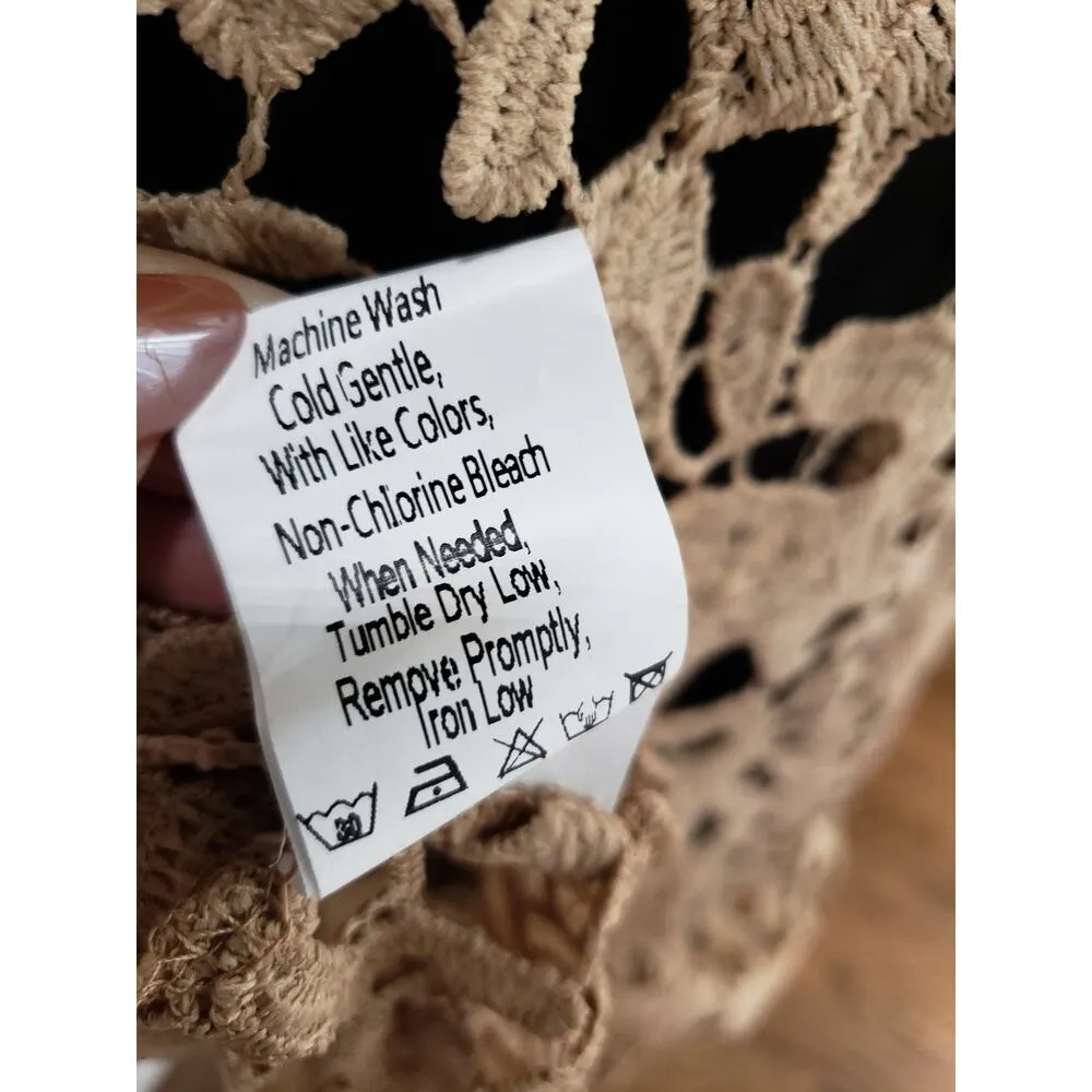 Prettygarden Crochet Lace Dress Women Small Beige Sheer Long Sleeve Boho Chic - Image 11