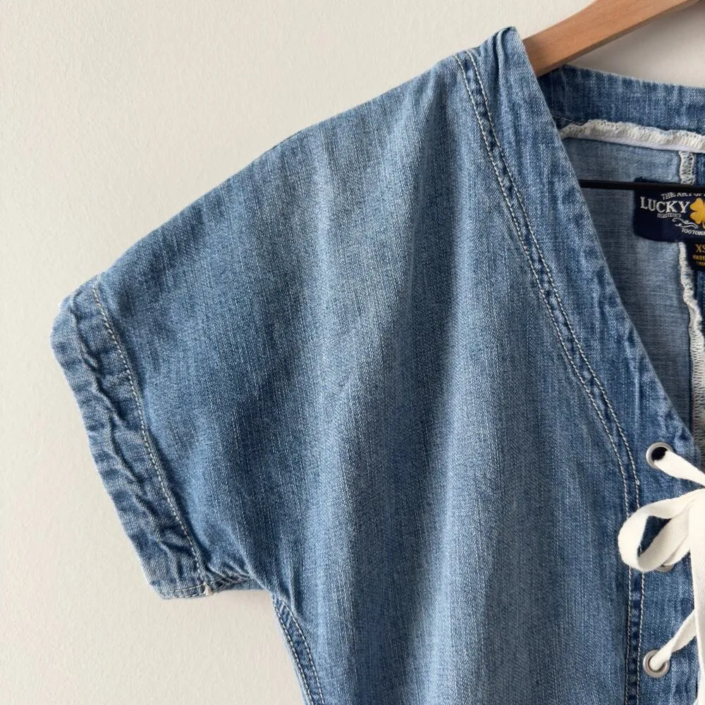Lucky Brand Y2K Vintage Lace Up Dress Mini Denim Jean Short Sleeve 100% Cotton - Image 7